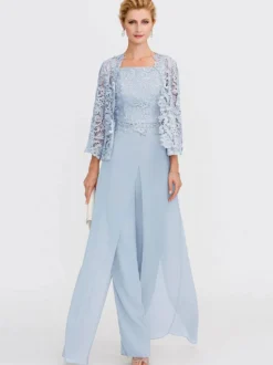 Tenue de mère de mariée 3 pièces combi-pantalon boléro gris claire