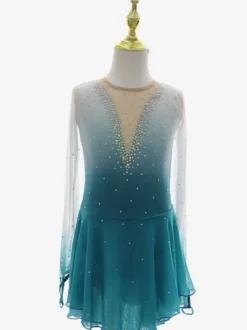 Tenue élégante de patinage artistique robe de patinage à manches longues en maille perlée et strass.