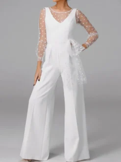 Tenue mariage femme combinaison mariée col V manche longue transparent blanche