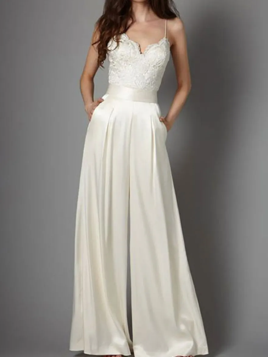 Tenue mariage femme combinaison mariée ivoire à fine bretelle zip sur dos