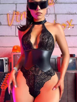 Tenues De Club Tops Sexy Dentelle Sans Manches PU Cuir Transparent