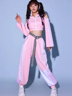 Tenues de danse jazz 2 pièces roses pour femmes costumes hip-hop
