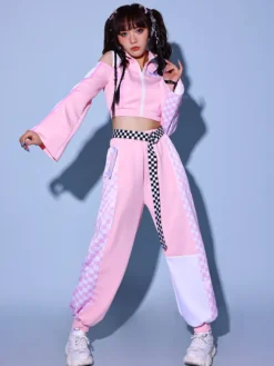 Tenues de danse jazz 2 pièces roses pour femmes costumes hip-hop