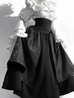Tenues gothiques Lolita en dentelle à volants chemisier à manches longues et jupe noire ensemble deux pièces