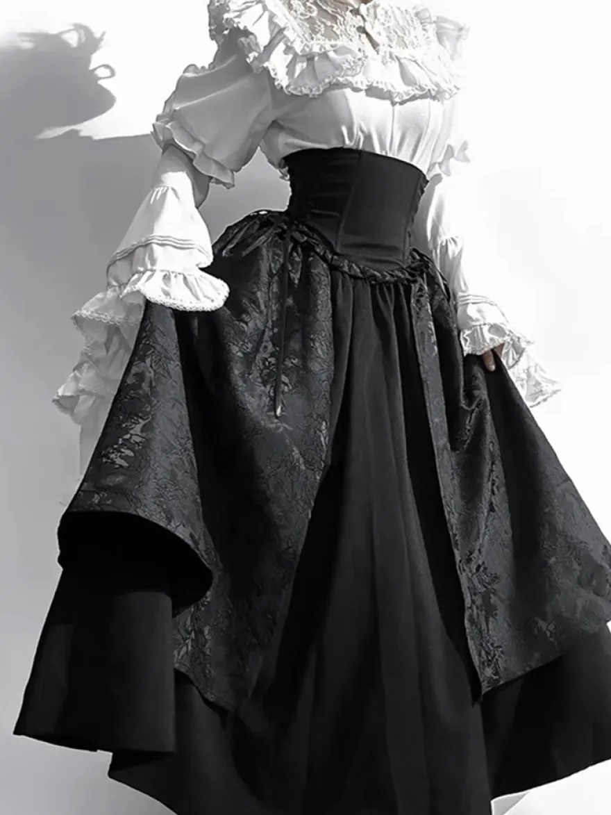 Tenues gothiques Lolita en dentelle à volants chemisier à manches longues et jupe noire ensemble deux pièces