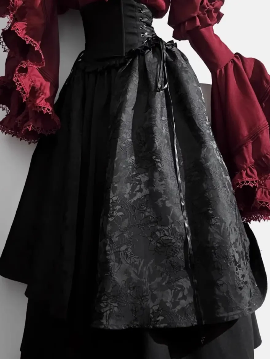 Tenues gothiques Lolita en dentelle à volants chemisier à manches longues et jupe noire ensemble deux pièces