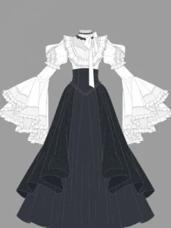 Tenues gothiques Lolita en dentelle à volants chemisier à manches longues et jupe noire ensemble deux pièces