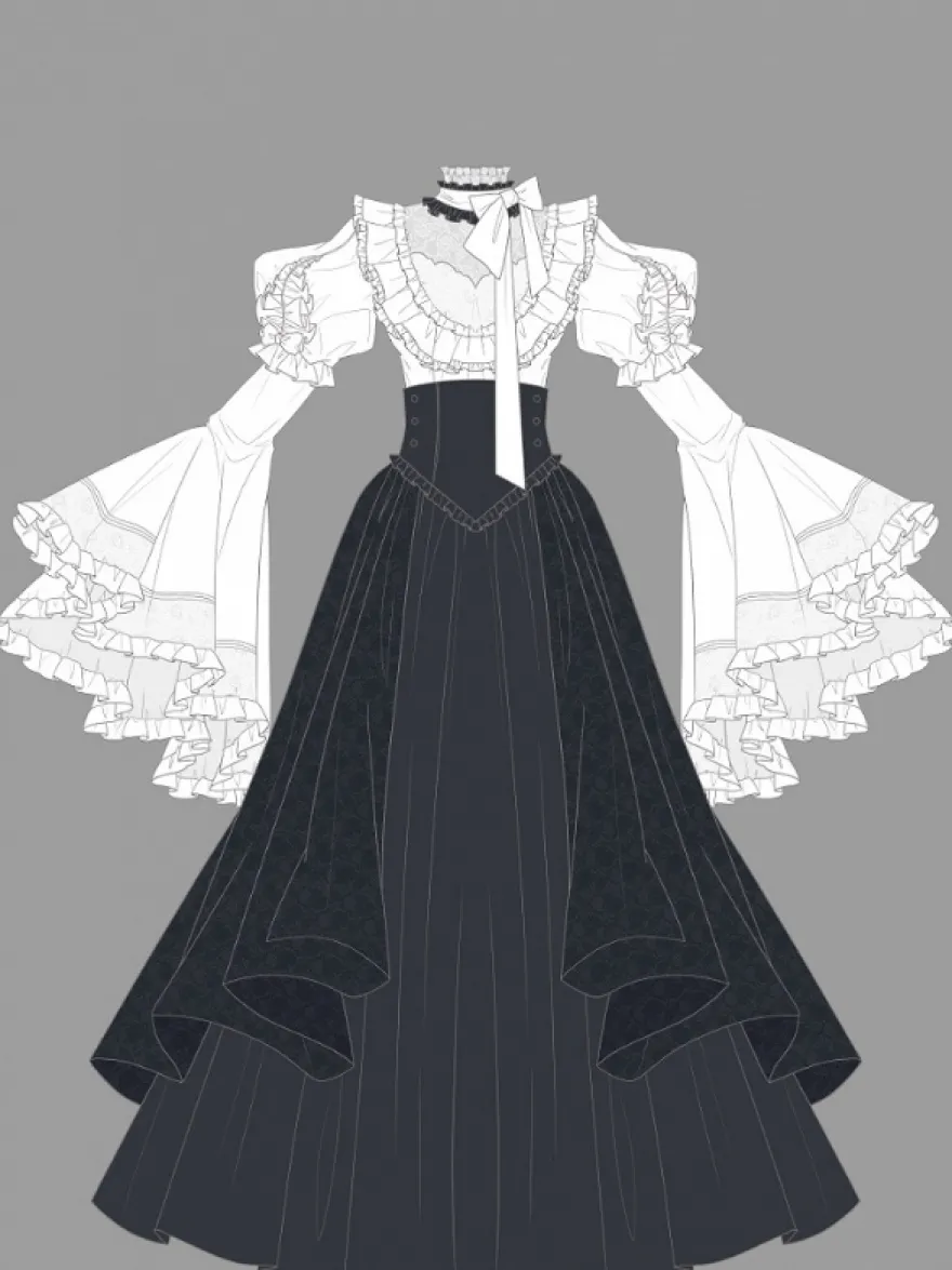 Tenues gothiques Lolita en dentelle à volants chemisier à manches longues et jupe noire ensemble deux pièces
