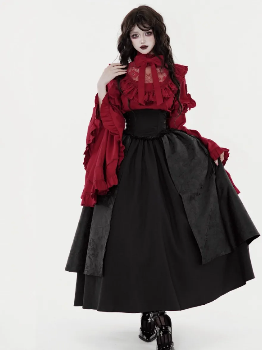 Tenues gothiques Lolita en dentelle à volants chemisier à manches longues et jupe noire ensemble deux pièces