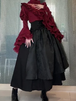 Tenues gothiques Lolita en dentelle à volants chemisier à manches longues et jupe noire ensemble deux pièces