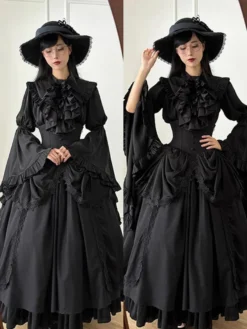Tenues gothiques Lolita Volants noirs Nœuds Dentelle Manches longues Chemisier Jupe