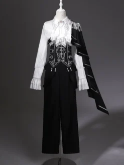 Tenues Ouji Lolita Gothique : cape à manches longues haut blanc ceinture noire et pantalon