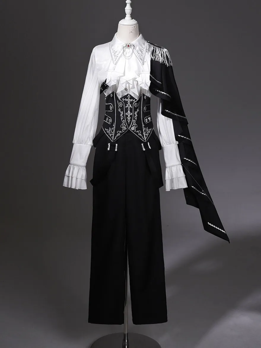 Tenues Ouji Lolita Gothique : cape à manches longues haut blanc ceinture noire et pantalon