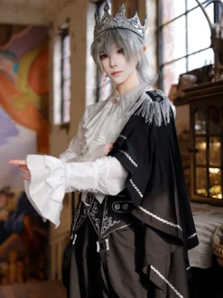 Tenues Ouji Lolita Gothique : cape à manches longues haut blanc ceinture noire et pantalon
