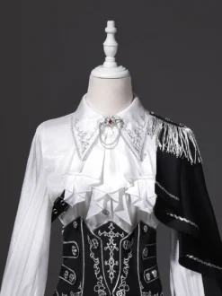 Tenues Ouji Lolita Gothique : cape à manches longues haut blanc ceinture noire et pantalon