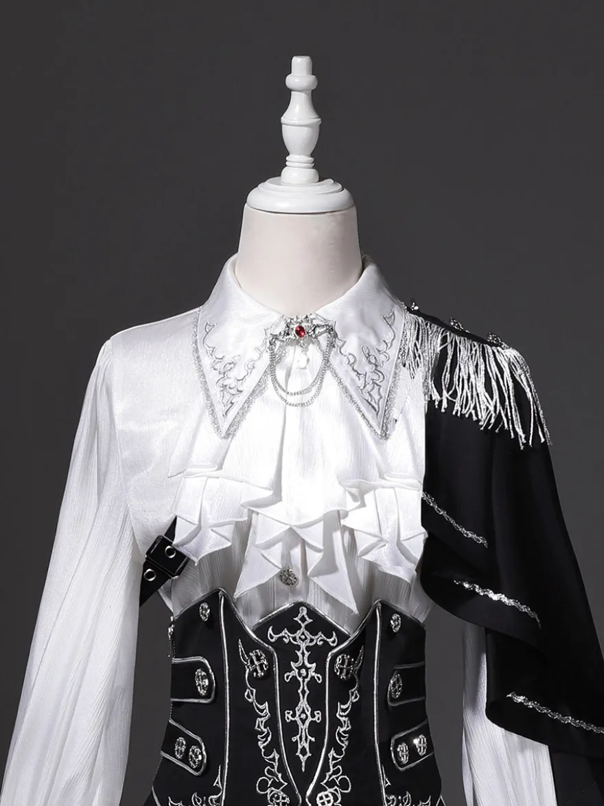 Tenues Ouji Lolita Gothique : cape à manches longues haut blanc ceinture noire et pantalon