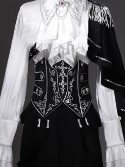 Tenues Ouji Lolita Gothique : cape à manches longues haut blanc ceinture noire et pantalon