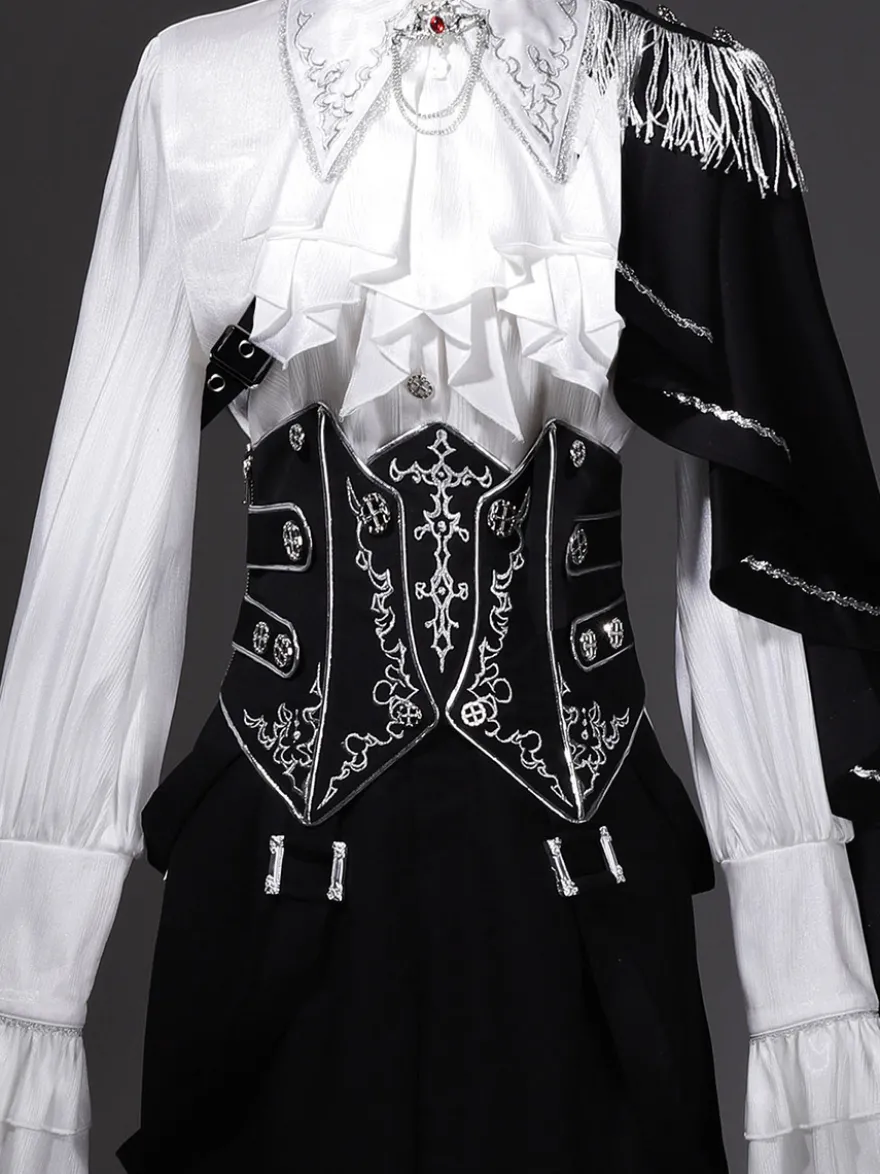 Tenues Ouji Lolita Gothique : cape à manches longues haut blanc ceinture noire et pantalon