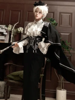 Tenues Ouji Lolita Gothique : cape à manches longues haut blanc ceinture noire et pantalon