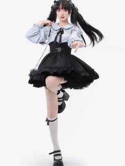 Tenues Steampunk Lolita bleu ciel clair volants à lacets manches longues jupe chemisier