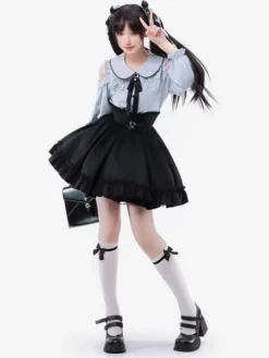 Tenues Steampunk Lolita bleu ciel clair volants à lacets manches longues jupe chemisier
