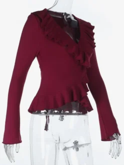 Top cache-cœur romantique à volants pour femme - Col en V manches longues - Style Coquette tenue idéale pour un rendez-vous romantique printanier 2026