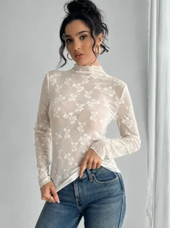 Top à manches longues en maille transparente avec nœud intégral jacquard pour femme 2026