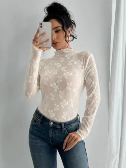 Top à manches longues en maille transparente avec nœud intégral jacquard pour femme 2026