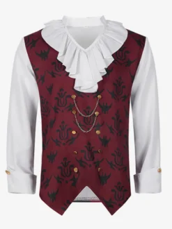 Top Noir Vintage Col À Volants Imprimé Manches Longues Costumes Rétro Homme Bourgogne