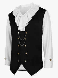Top Noir Vintage Col À Volants Imprimé Manches Longues Costumes Rétro Homme Bourgogne