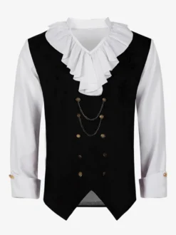 Top Noir Vintage Col À Volants Imprimé Manches Longues Costumes Rétro Homme Bourgogne