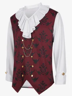 Top Noir Vintage Col À Volants Imprimé Manches Longues Costumes Rétro Homme Bourgogne