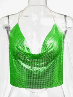 Tops Sexy en Paillettes Taille Haute Femmes avec Bretelles à Lacets à Col Décolleté en V avec Dos Nu Unicolore