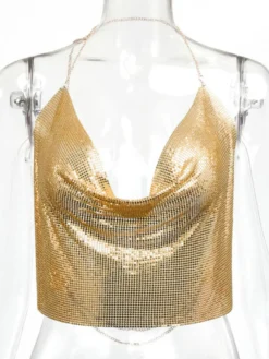 Tops Sexy en Paillettes Taille Haute Femmes avec Bretelles à Lacets à Col Décolleté en V avec Dos Nu Unicolore