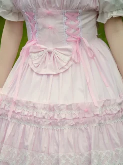 Toussaint Cospaly Costume en coton Lolita Jupe rose clair avec dentelle garniture Lace Up volants Déguisements Halloween