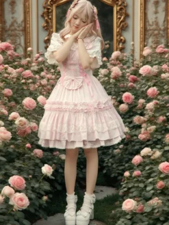 Toussaint Cospaly Costume en coton Lolita Jupe rose clair avec dentelle garniture Lace Up volants Déguisements Halloween