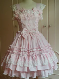 Toussaint Cospaly Costume en coton Lolita Jupe rose clair avec dentelle garniture Lace Up volants Déguisements Halloween