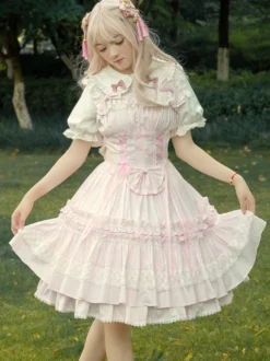 Toussaint Cospaly Costume en coton Lolita Jupe rose clair avec dentelle garniture Lace Up volants Déguisements Halloween