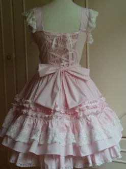 Toussaint Cospaly Costume en coton Lolita Jupe rose clair avec dentelle garniture Lace Up volants Déguisements Halloween