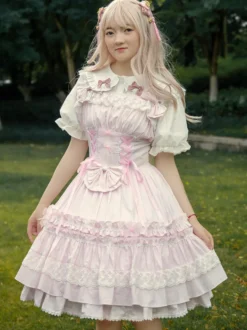 Toussaint Cospaly Costume en coton Lolita Jupe rose clair avec dentelle garniture Lace Up volants Déguisements Halloween