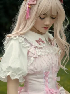 Toussaint Cospaly Costume en coton Lolita Jupe rose clair avec dentelle garniture Lace Up volants Déguisements Halloween