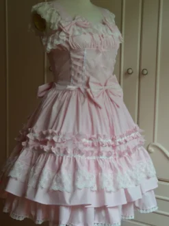 Toussaint Cospaly Costume en coton Lolita Jupe rose clair avec dentelle garniture Lace Up volants Déguisements Halloween