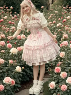 Toussaint Cospaly Costume en coton Lolita Jupe rose clair avec dentelle garniture Lace Up volants Déguisements Halloween