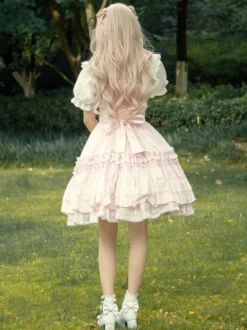 Toussaint Cospaly Costume en coton Lolita Jupe rose clair avec dentelle garniture Lace Up volants Déguisements Halloween
