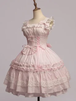 Toussaint Cospaly Costume en coton Lolita Jupe rose clair avec dentelle garniture Lace Up volants Déguisements Halloween