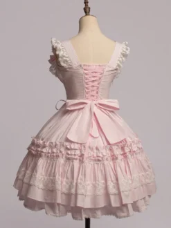 Toussaint Cospaly Costume en coton Lolita Jupe rose clair avec dentelle garniture Lace Up volants Déguisements Halloween