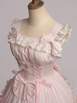 Toussaint Cospaly Costume en coton Lolita Jupe rose clair avec dentelle garniture Lace Up volants Déguisements Halloween