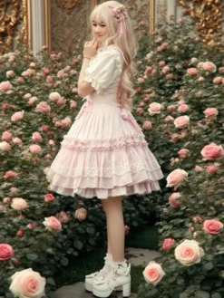 Toussaint Cospaly Costume en coton Lolita Jupe rose clair avec dentelle garniture Lace Up volants Déguisements Halloween