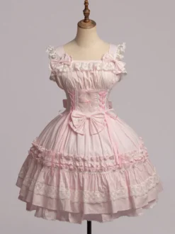 Toussaint Cospaly Costume en coton Lolita Jupe rose clair avec dentelle garniture Lace Up volants Déguisements Halloween
