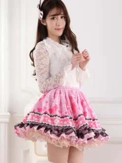 Toussaint Cospaly Costume Lolita douce Jupe rose courte doublure imprimé trèfle avec dentelle Déguisements Halloween